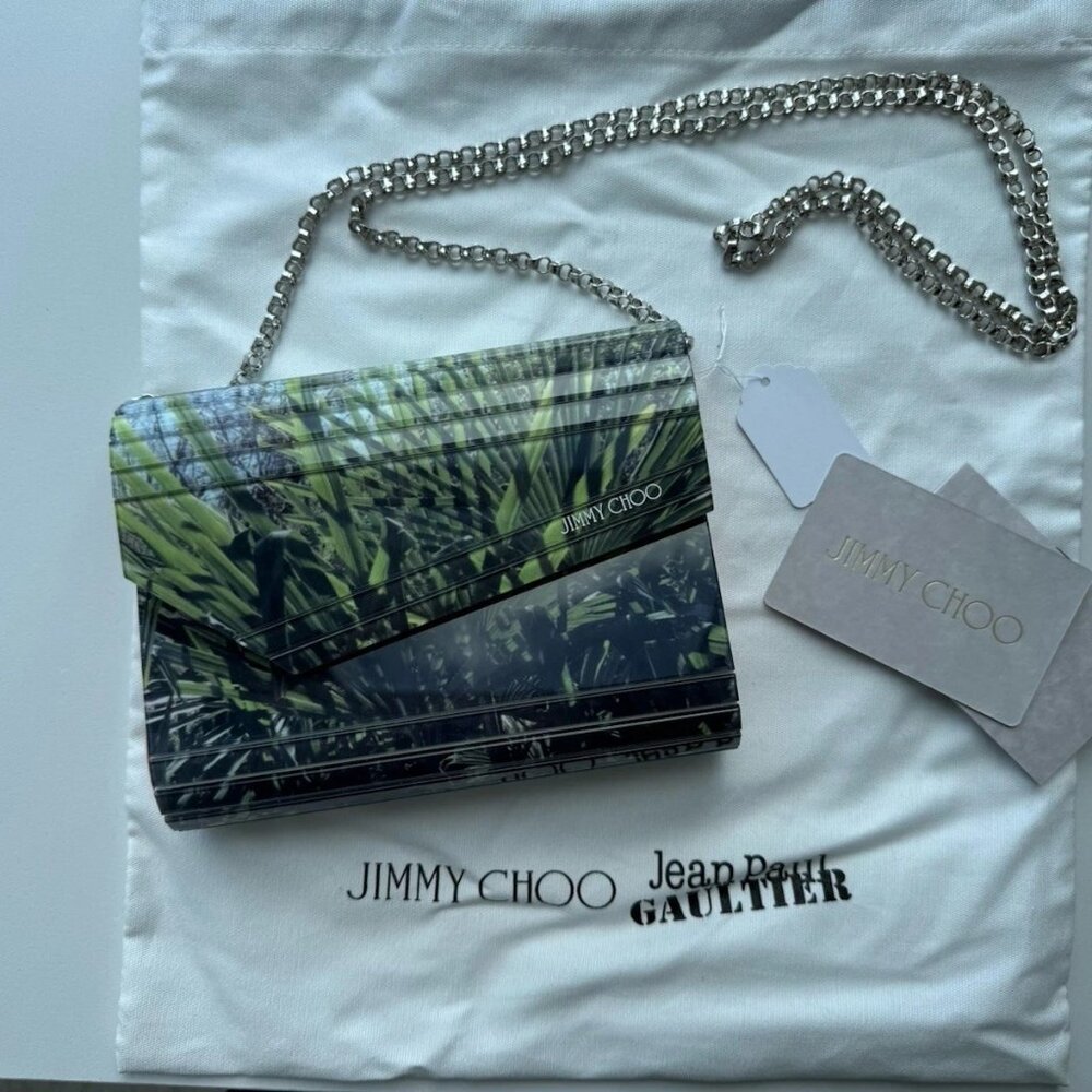JIMMY CHOO Palm Print Green Sac Plexi Shoulder Clutch Bag Handbag